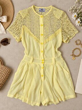 Vintage A Beitz Made in Italy Yellow Lace Romper Playsuit 80s 90s